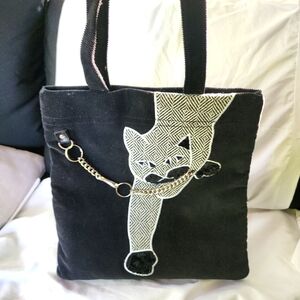 Black Corduroy Tote Bag Applique Cat Kitten Chain 100% Cotton Lined Book Purse